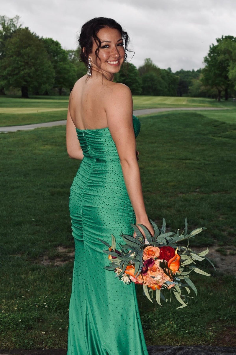 Strapless Green Beaded Ruched Long Prom Dress – Dreamdressy