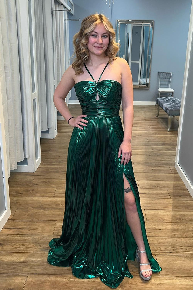 Halter Blue Metallic Pleated A-line Long Formal Dress – Dreamdressy