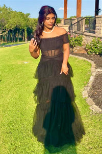 Black Off-the-Shoulder Ruffle Multi-Layers Long Prom Dress