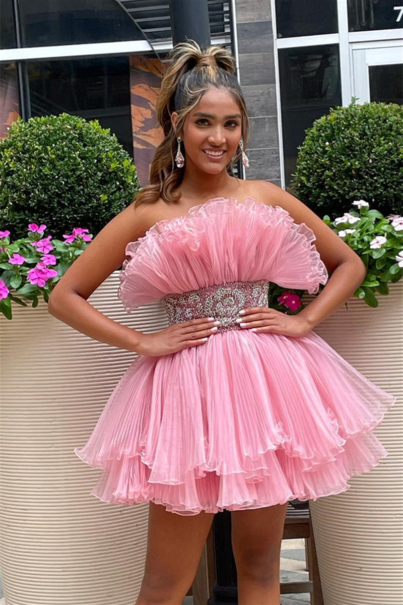Pink Strapless Ruffed-Layers Homecoming Dress with Sash Pink Strapless Ruffed-Layers Homecoming Dress with Sash