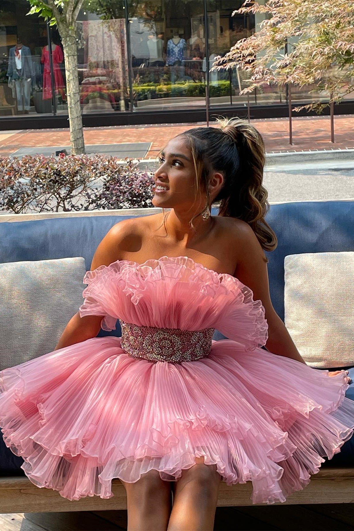 Pink Strapless Ruffed-Layers Homecoming Dress with Sash Dreamdressy Pink Strapless Ruffed-Layers Homecoming Dress with Sash Dreamdressy