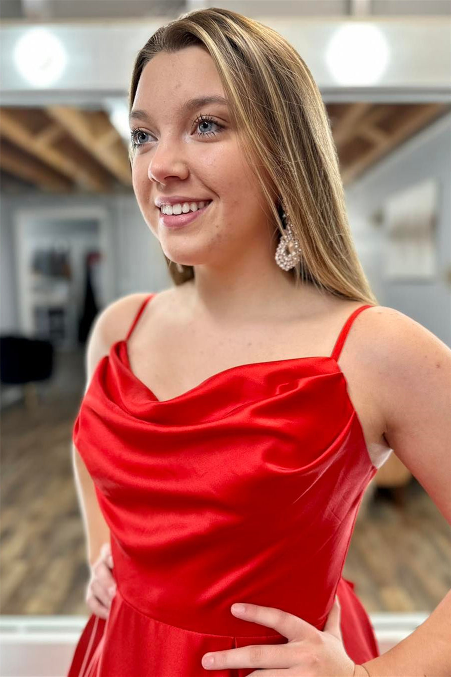 Red Satin Cowl Neck Spaghetti Straps A-line Long Prom Dress Dreamdressy Red Satin Cowl Neck Spaghetti Straps A-line Long Prom Dress Dreamdressy
