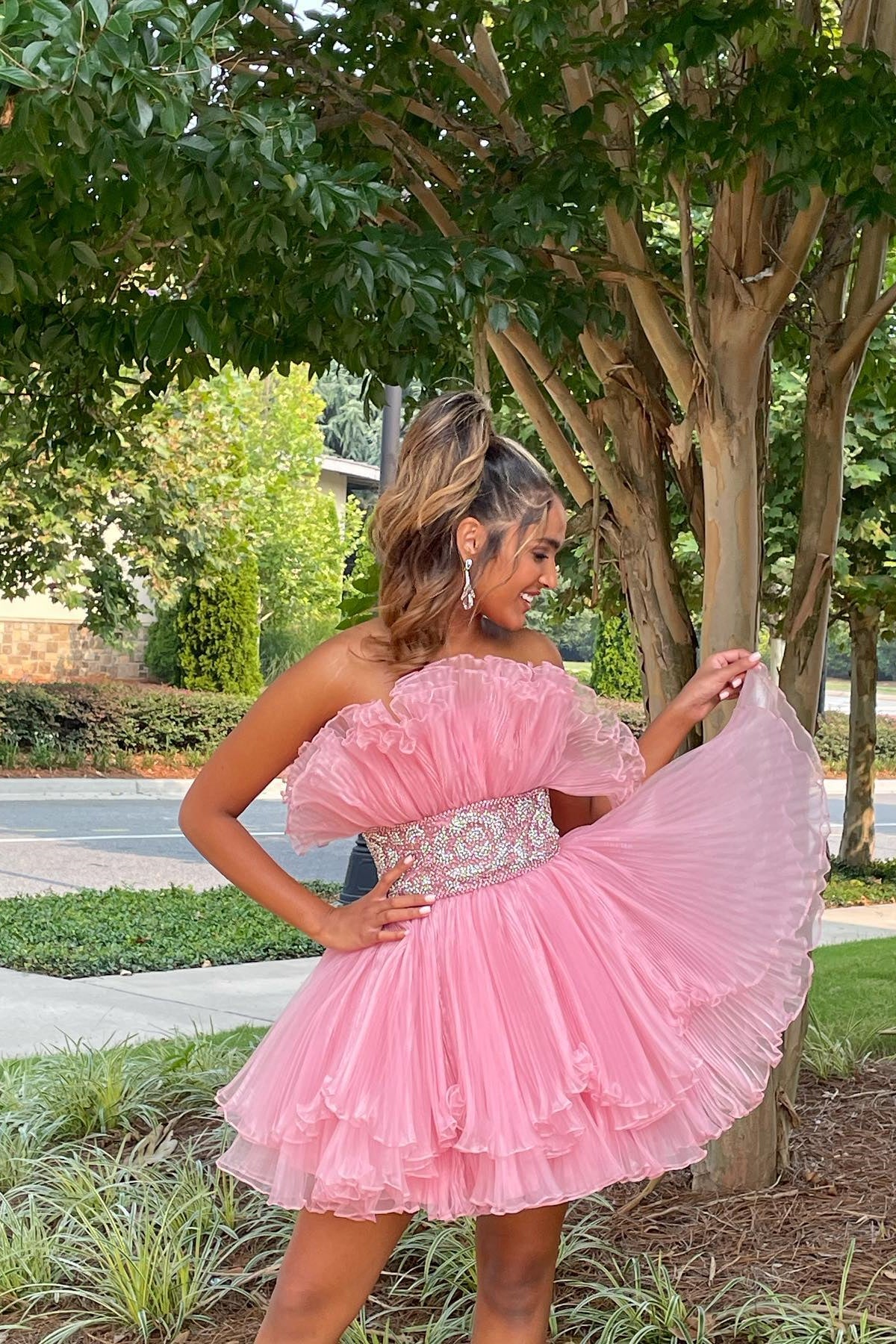 Pink Strapless Ruffed-Layers Homecoming Dress with Sash Dreamdressy Pink Strapless Ruffed-Layers Homecoming Dress with Sash Dreamdressy