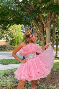 Pink Strapless Ruffed-Layers Homecoming Dress with Sash Pink Strapless Ruffed-Layers Homecoming Dress with Sash