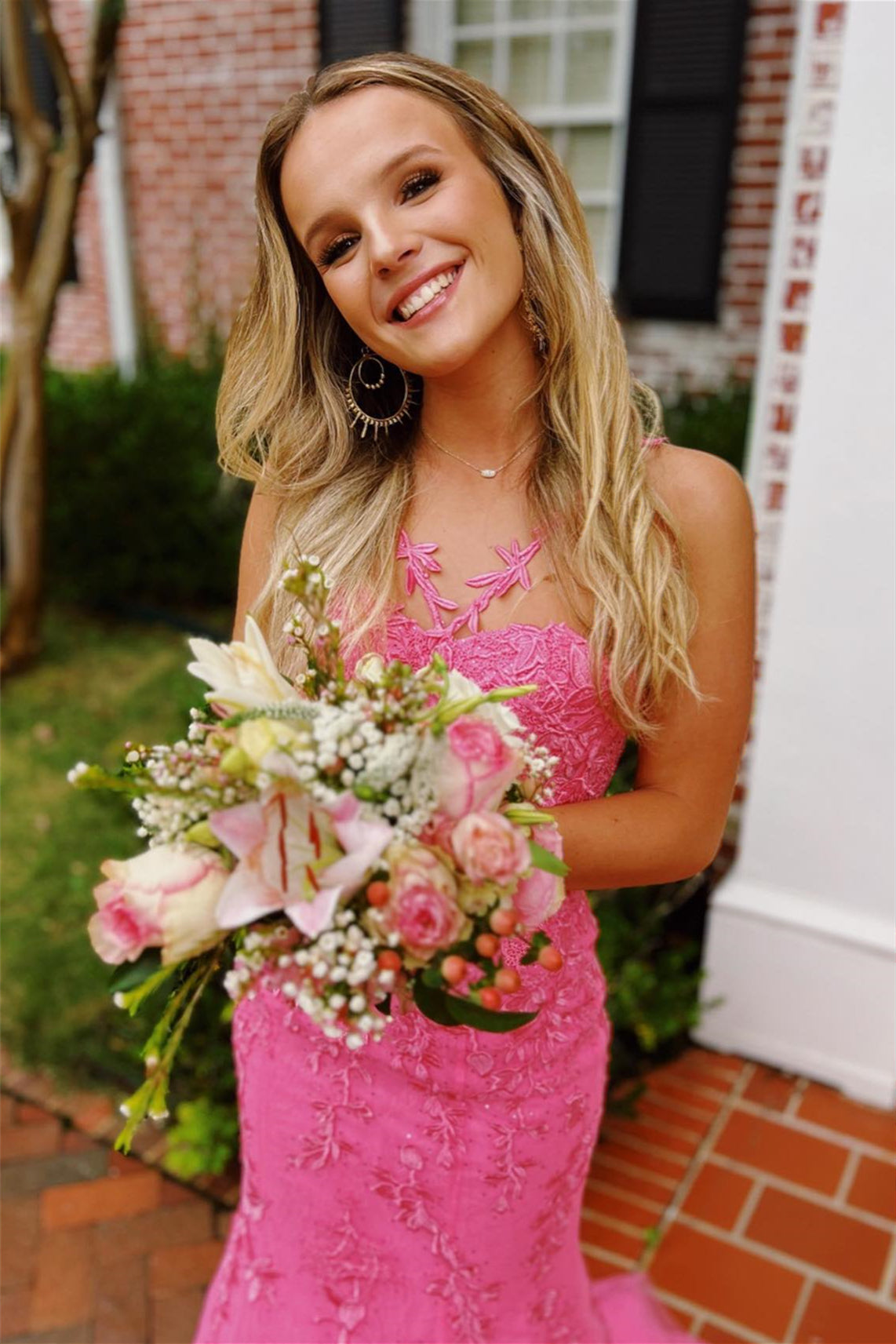 Pink Flower Straps Halter Appliques Mermaid Long Prom Dress