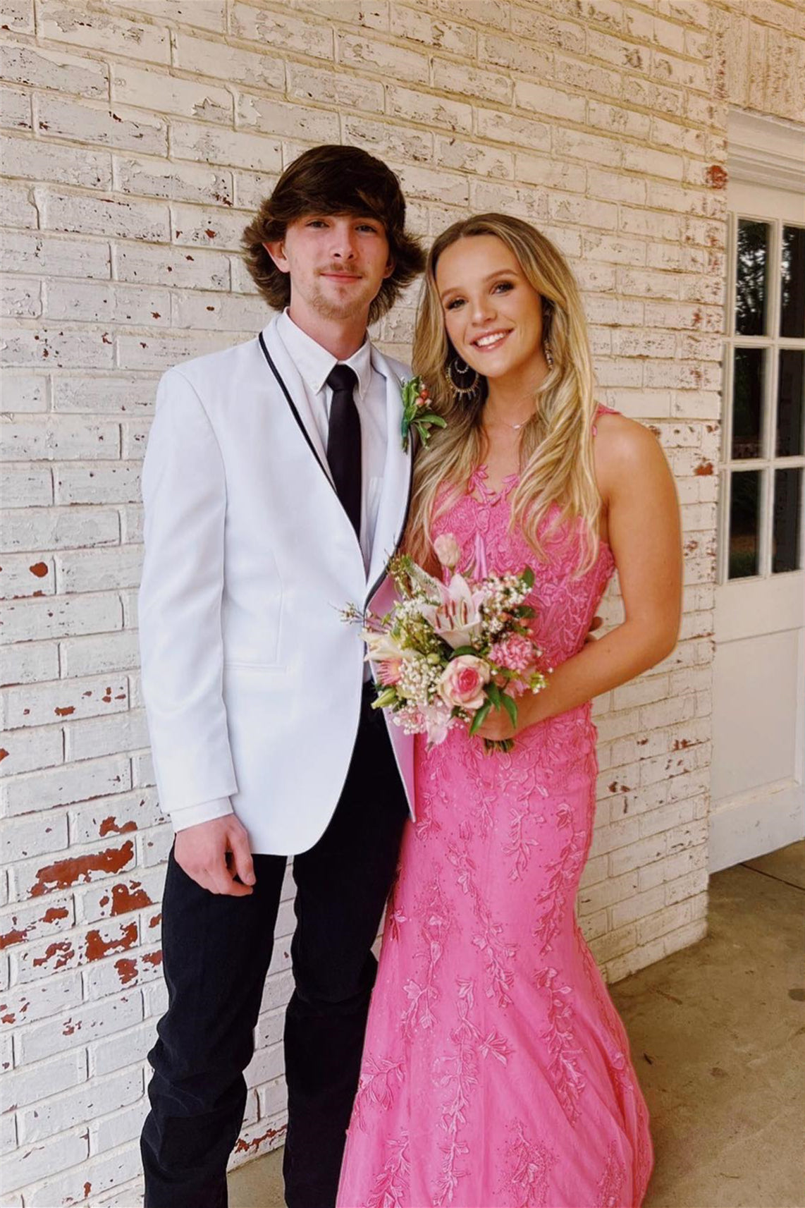 Pink Flower Straps Halter Appliques Mermaid Long Prom Dress – Dreamdressy