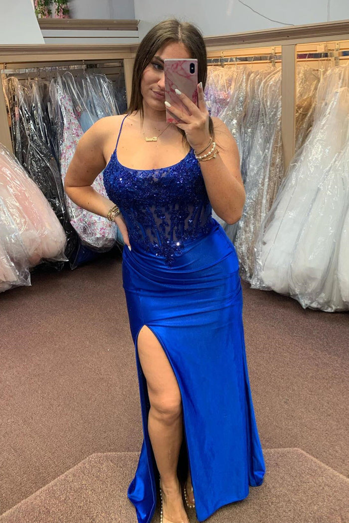 Royal Blue Lace-Up Floral Mermaid Satin Long Prom Dress with Slit