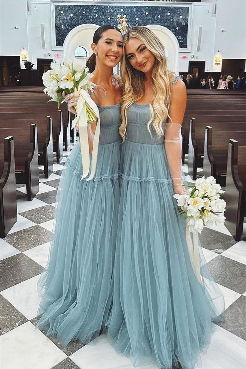 Dusty Blue Tulle Bow Tie Shoulder Ruffle Long Prom Dress  Dreamdressy
