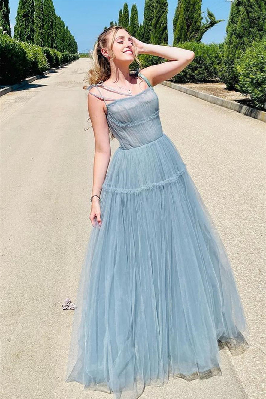 Dusty Blue Tulle Bow Tie Shoulder Ruffle Long Prom Dress Dreamdressy Dusty Blue Tulle Bow Tie Shoulder Ruffle Long Prom Dress Dreamdressy