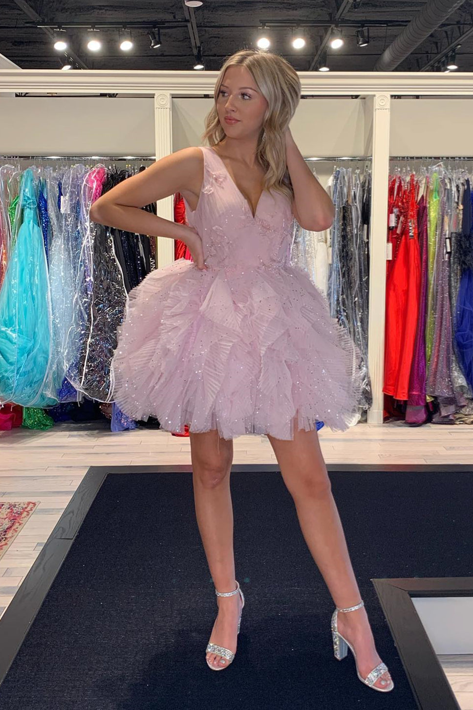 Lavender V Neck Sleeveless Sequined Ruffles A-line Homecoming Dress