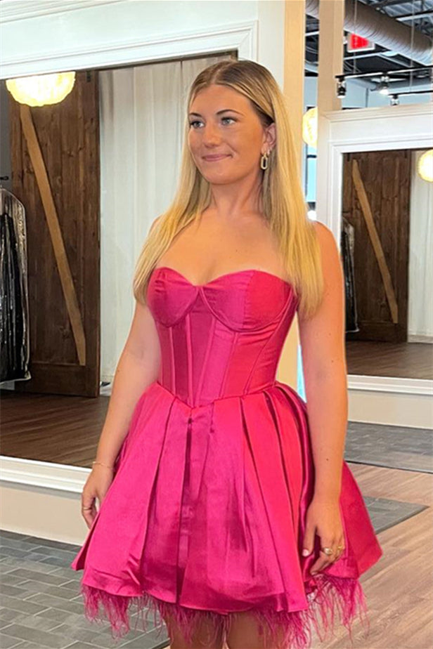lace up corset wedding dress Barbie Pink Strapless Lace-Up A-line Satin Homecoming Dress with Feath –  Dreamdressy