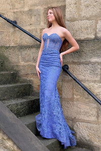 Periwinkle Strapless Floral Mermaid Long Prom Dress