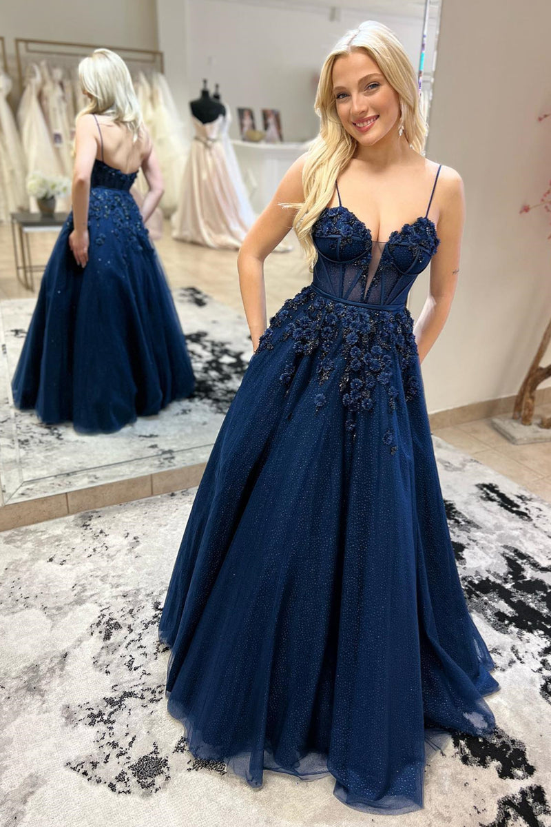 Navy Blue Straps Plunging V Floral Beaded Long Prom Dress Navy Blue Straps Plunging V Floral Beaded Long Prom Dress