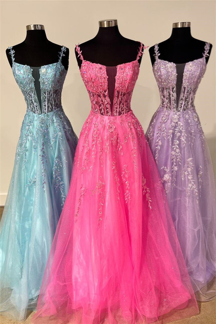 Hot Pink Floral Straps Appliques A-line Long Prom Dress