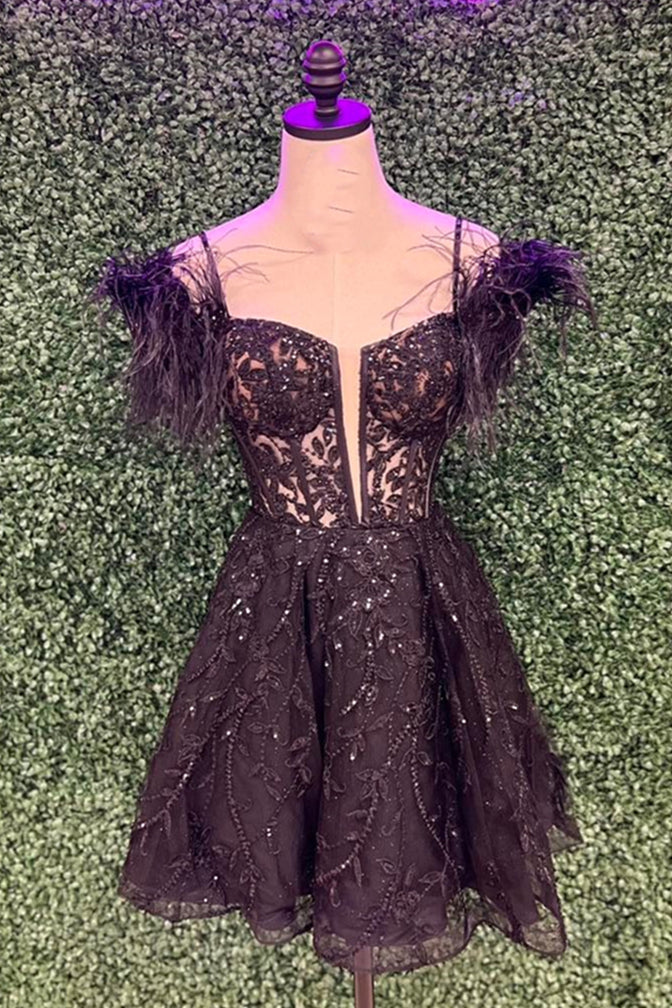 Black Off-the-Shoulder Appliques A-line Homecoming Dress with Feathers