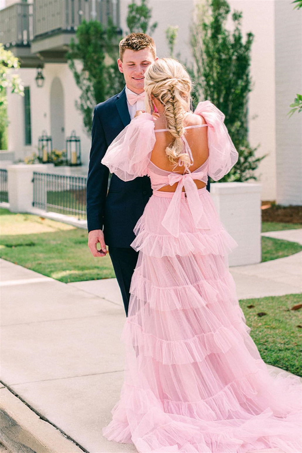 Pink Tow-Piece Bow Tie Multi-Layers Tulle Long Prom Dress with Slit – Dreamdressy