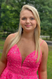 Hot Pink Deep V Neck Lace-Up Appliques A-line Homecoming Dress