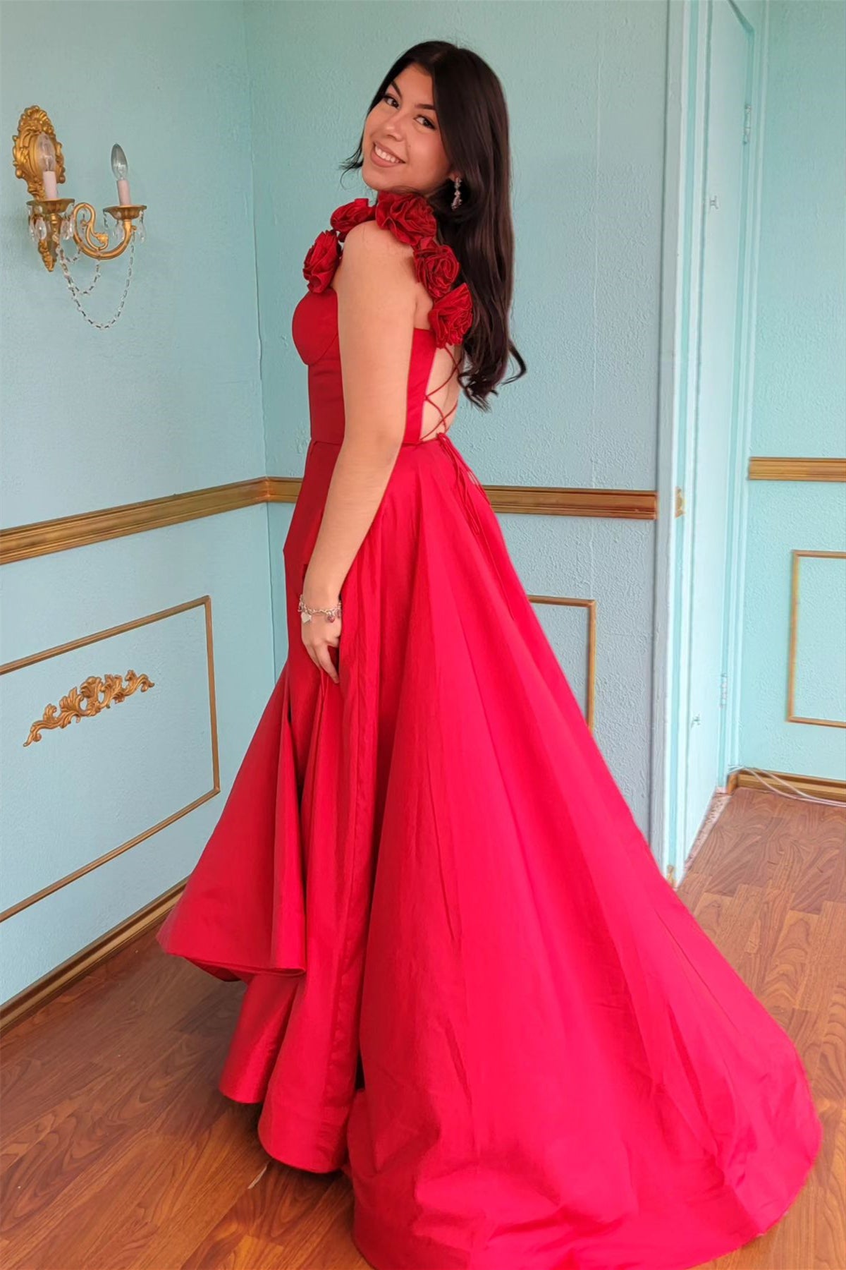 Red Floral Straps A-line Satin Long Prom Dress with Slit Dreamdressy Red Floral Straps A-line Satin Long Prom Dress with Slit Dreamdressy