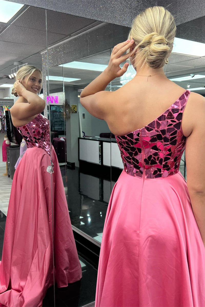 Hot Pink One Shoulder Mirror-Cut Sequins Top Long Prom Dress with Slit Hot Pink One Shoulder Mirror-Cut Sequins Top Long Prom Dress with Slit