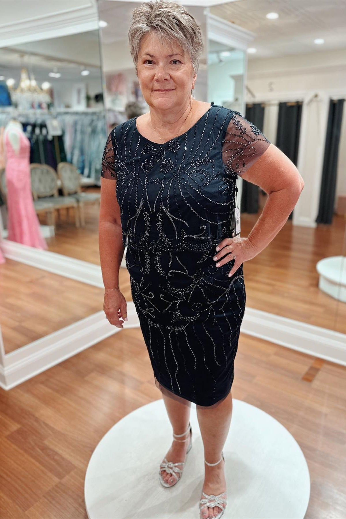 Black Beaded-Embroidered Sheath Knee-Length Mother of Bride Dress Dreamdressy Black Beaded-Embroidered Sheath Knee-Length Mother of Bride Dress Dreamdressy