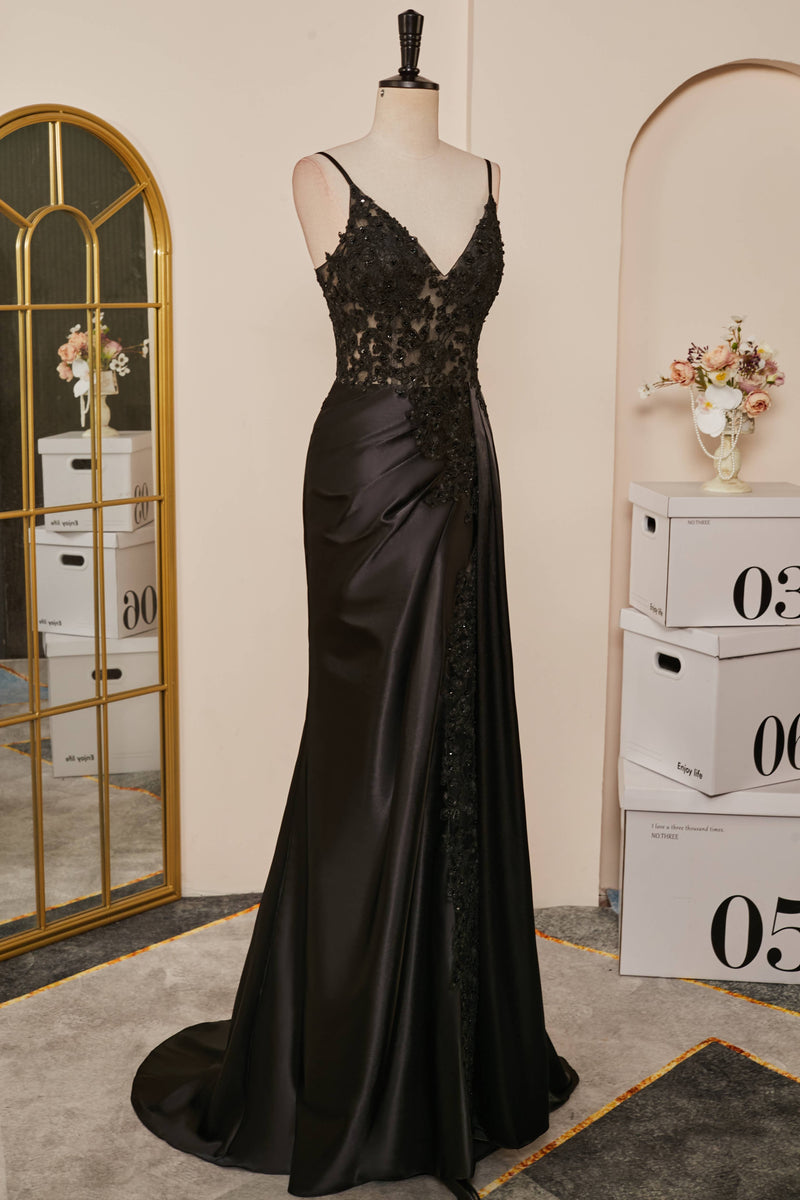 Black Mermaid Pluning V Appliques Long Prom Dress with Slit Dreamdressy Black Mermaid Pluning V Appliques Long Prom Dress with Slit Dreamdressy