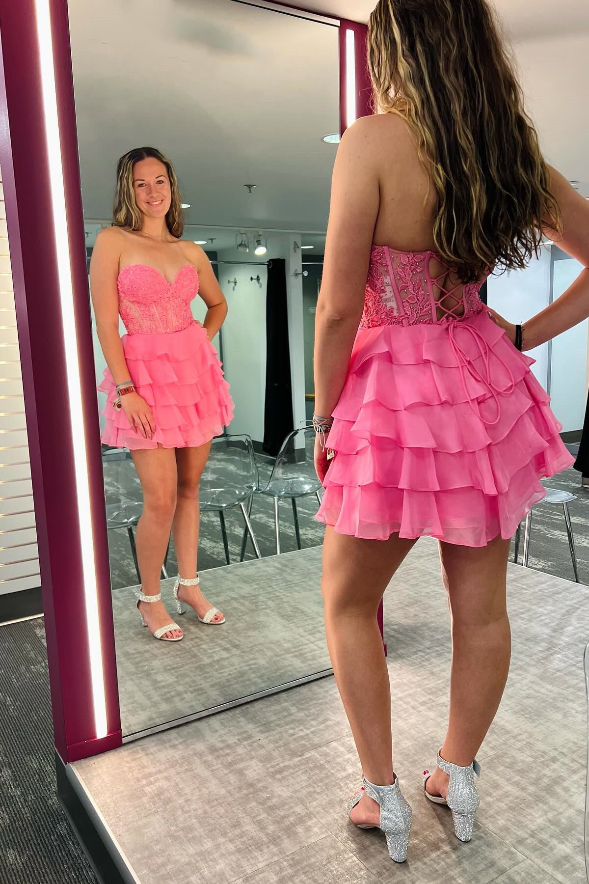 Hot Pink Appliques Chiffon Tiered Short Homecoming Dress Dreamdressy Hot Pink Appliques Chiffon Tiered Short Homecoming Dress Dreamdressy