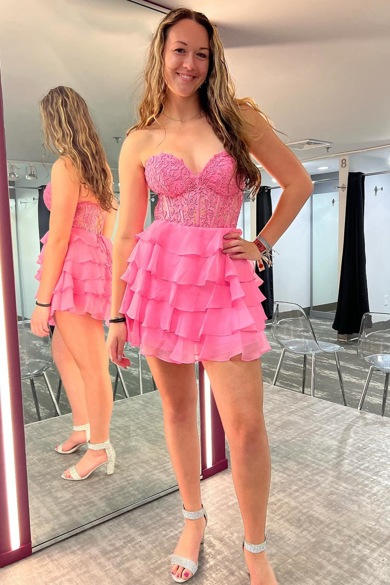 Hot Pink Appliques Chiffon Tiered Short Homecoming Dress – Dreamdressy