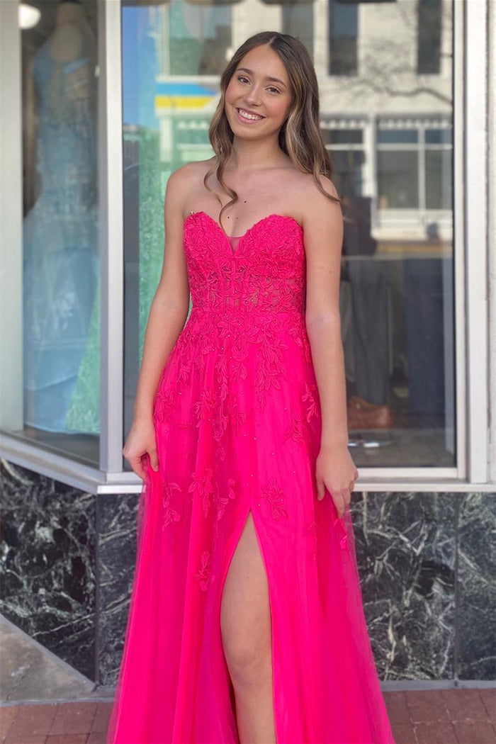 Hot Pink Strapless Floral Appliques A-line Long Prom Dress with Slit