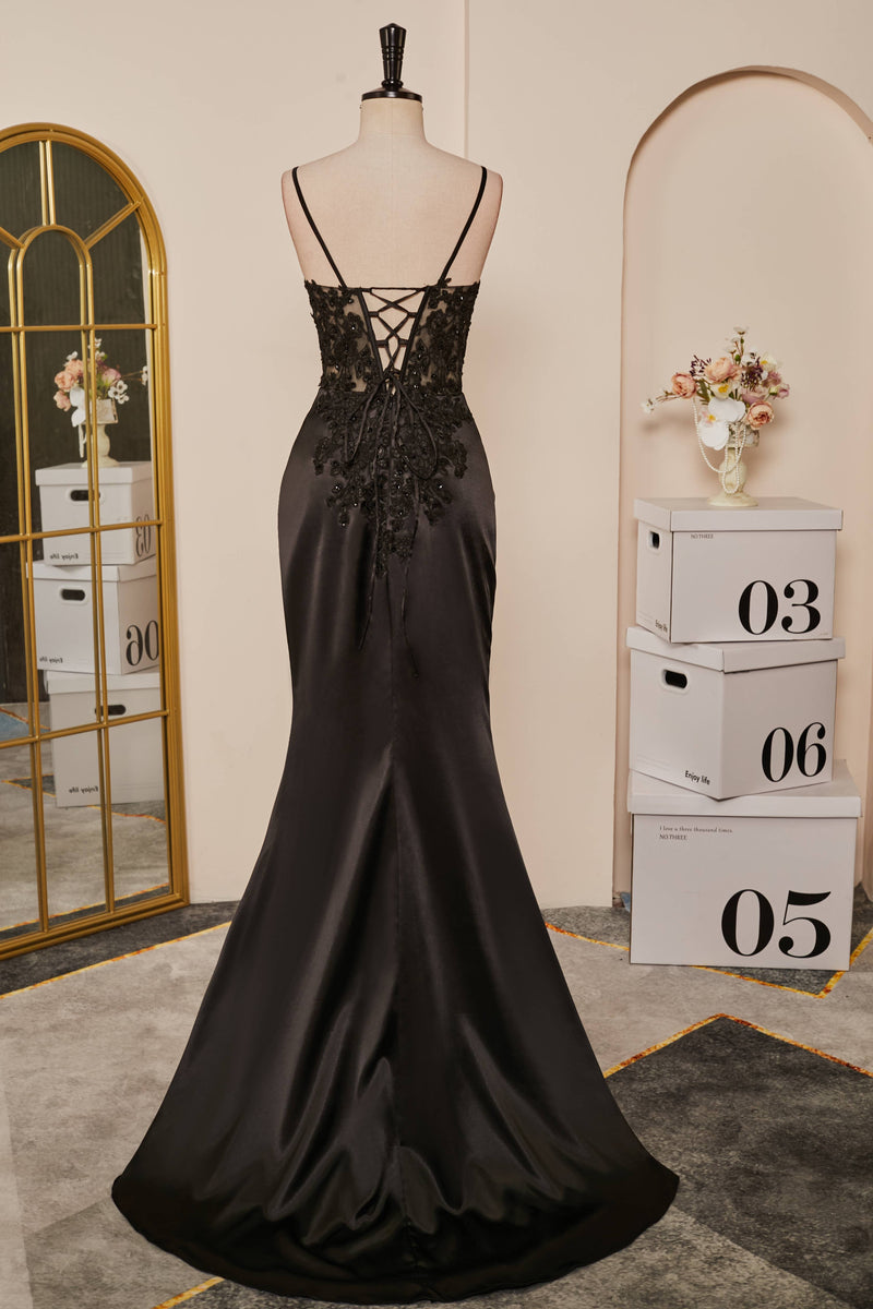 black mermaid prom dress with slit Black Mermaid Pluning V Appliques Long Prom Dress with Slit – Dreamdressy