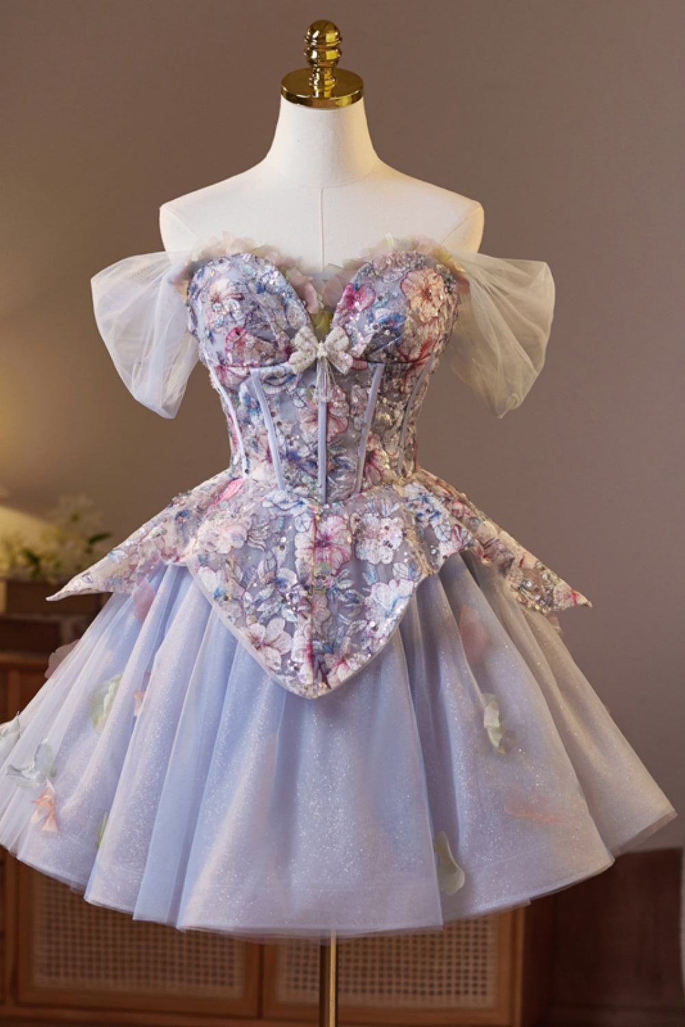Off the Shoulder Purple Embroidery Tulle Homecoming Dress