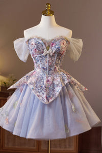 Off the Shoulder Purple Embroidery Tulle Homecoming Dress