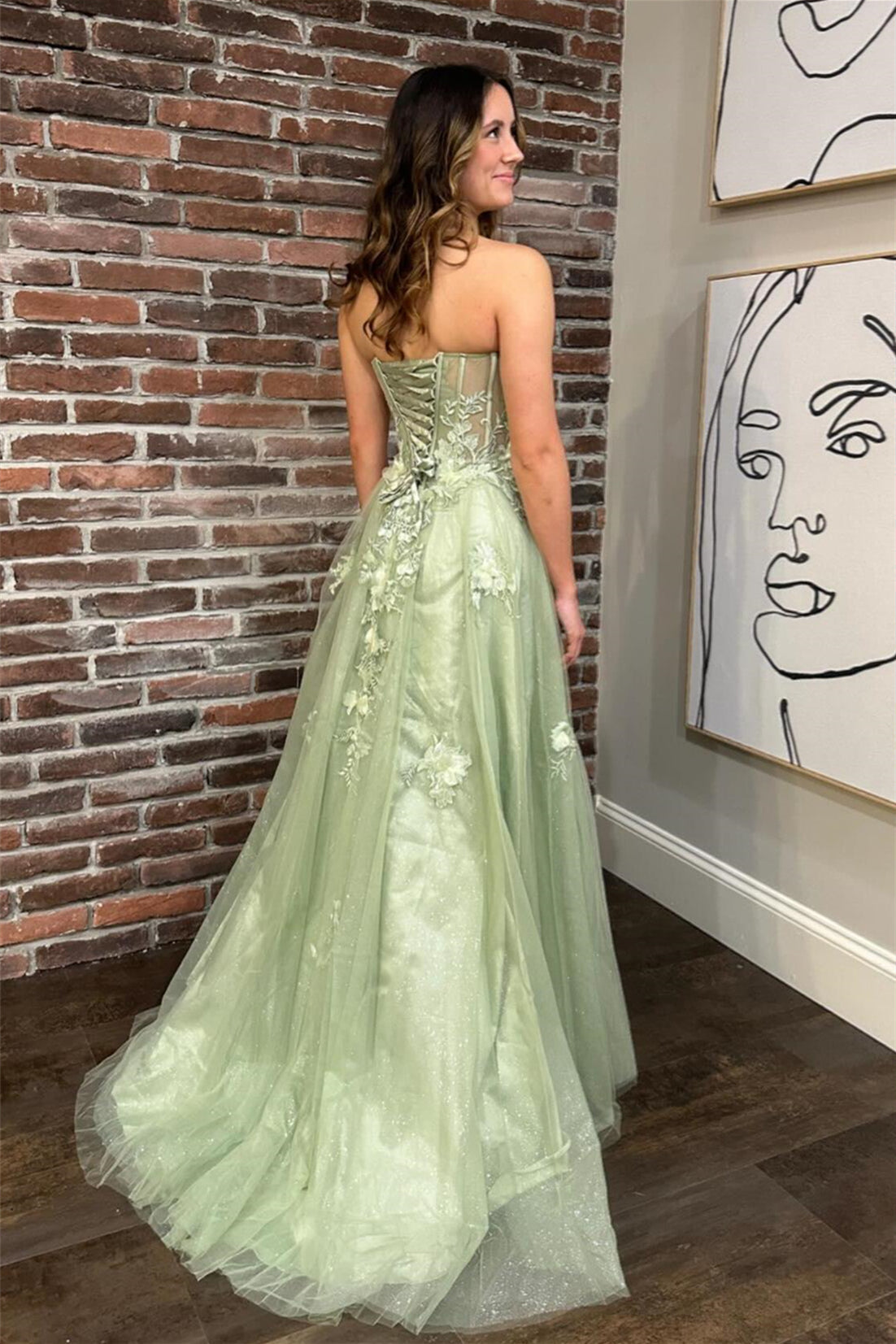 Sage Green Strapless Floral A-line Long Prom Dress with Slit Dreamdressy Sage Green Strapless Floral A-line Long Prom Dress with Slit Dreamdressy