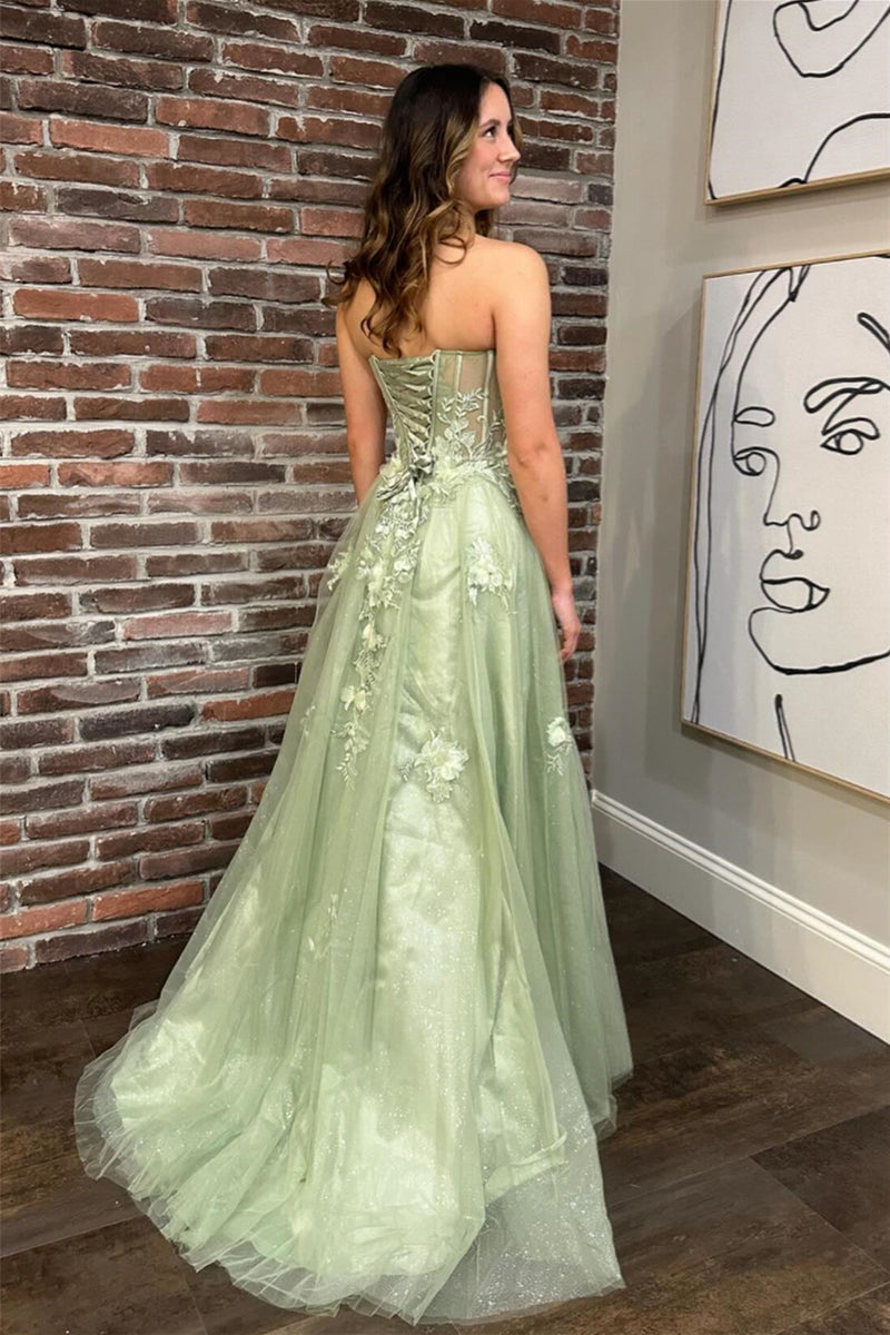 Sage Green Strapless Floral A-line Long Prom Dress with Slit Dreamdressy Sage Green Strapless Floral A-line Long Prom Dress with Slit Dreamdressy