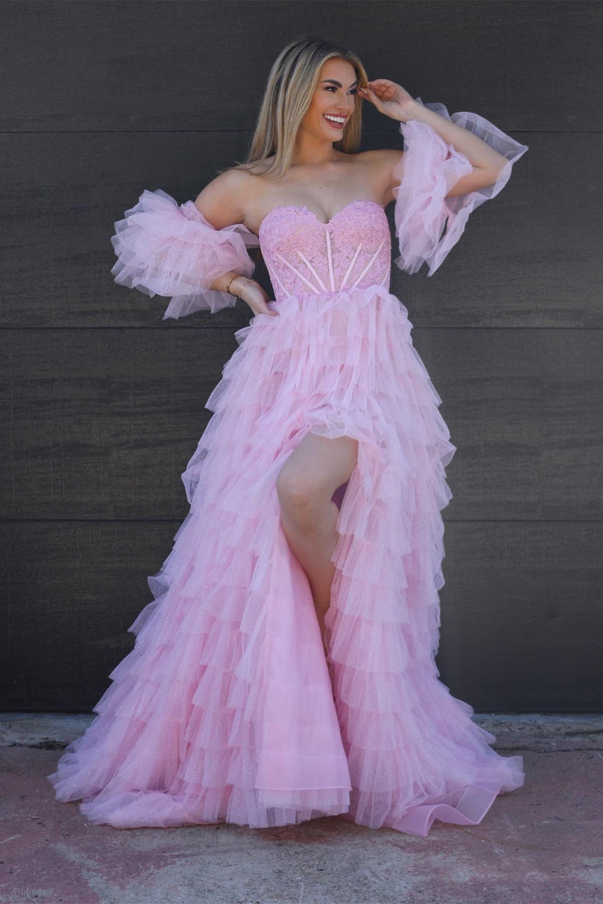 Pink Off-Shoulder Puff Sleeves Floral Layers Long Prom Dress with Slit –  Dreamdressy