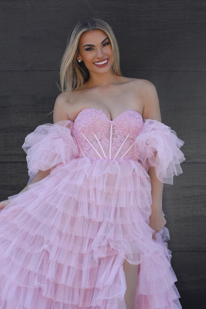 floral off shoulder puff sleeve dress Pink Off-Shoulder Puff Sleeves Floral Layers Long Prom Dress with Slit –  Dreamdressy