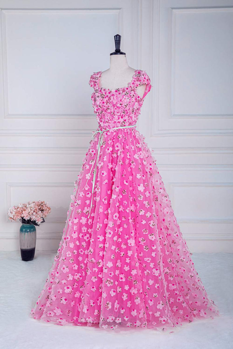 floral dotted a-line dress in pink Floral Print Mesh Sweetheart A Line Dress with Side Slit