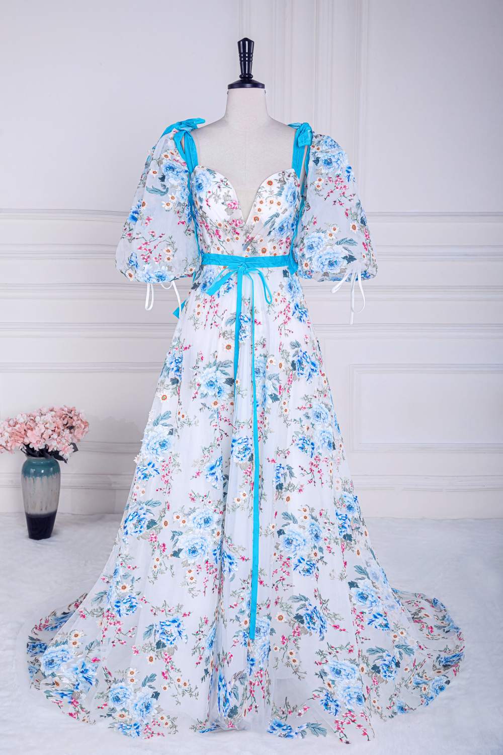 Blue and White Floral Bow Tie Straps A-line Long Prom Dress with Slit –  Dreamdressy