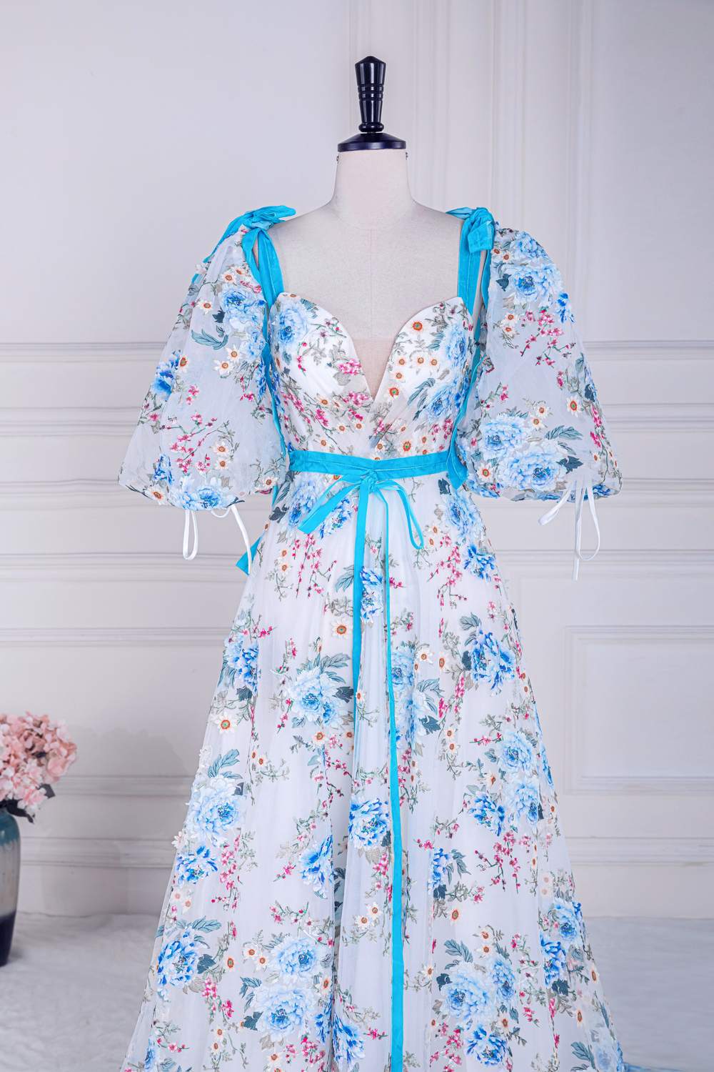 Blue and White Floral Bow Tie Straps A-line Long Prom Dress with Slit –  Dreamdressy