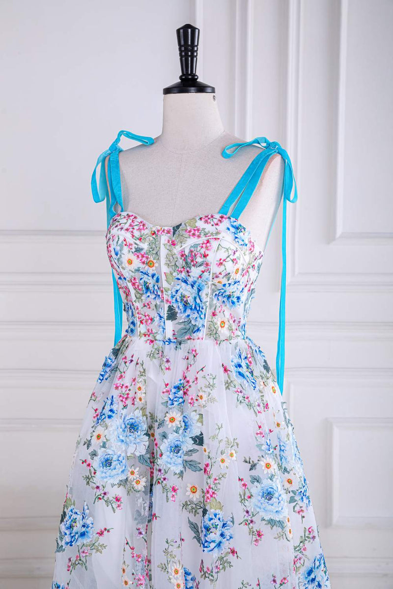 Blue and White Floral Bow Tie Straps A-line Tea-Length Prom Dress –  Dreamdressy
