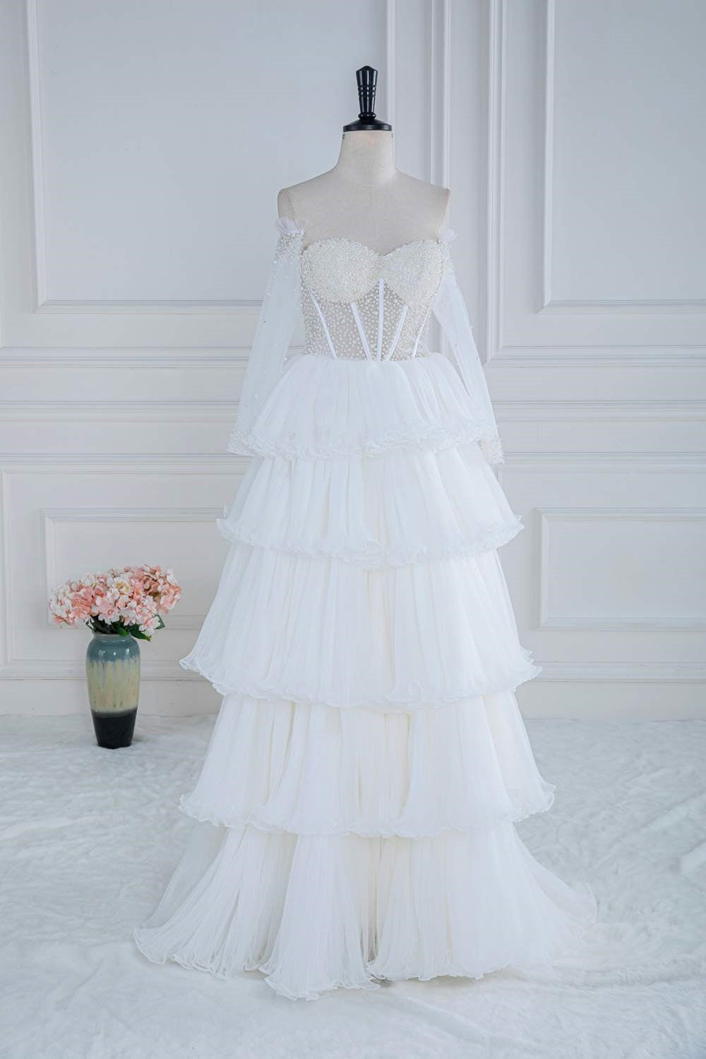 White Off-Shoulder Beaded Ruffled Layers Long Prom Dress