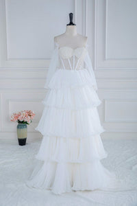 White Off-Shoulder Beaded Ruffled Layers Long Prom Dress