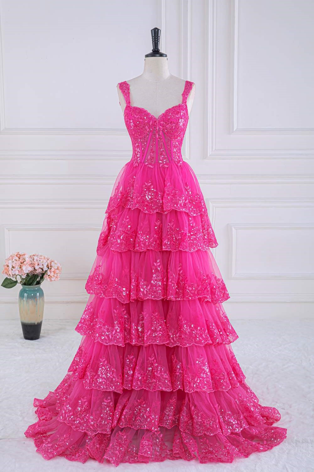 Hot Pink Sequined Floral Layers Long Prom Dress – Dreamdressy