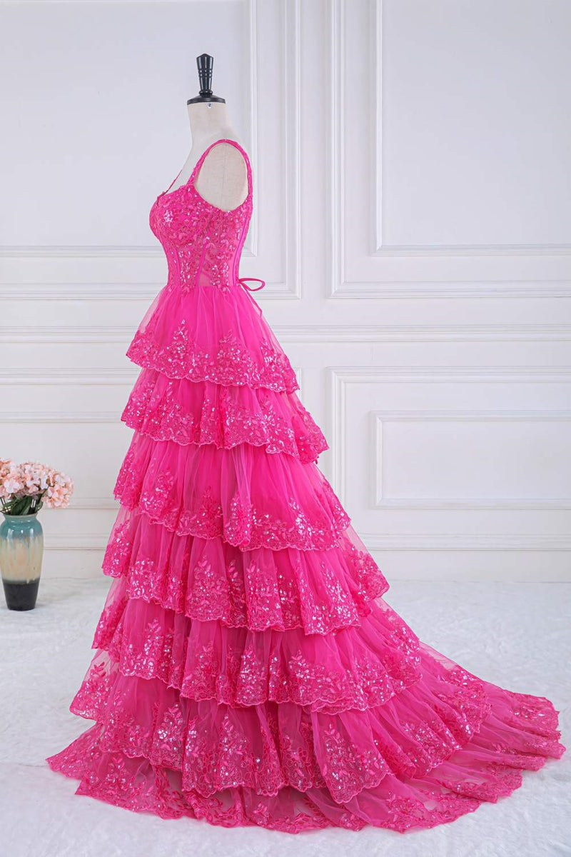 hot pink sequin prom dress Hot Pink Sequined Floral Layers Long Prom Dress – Dreamdressy