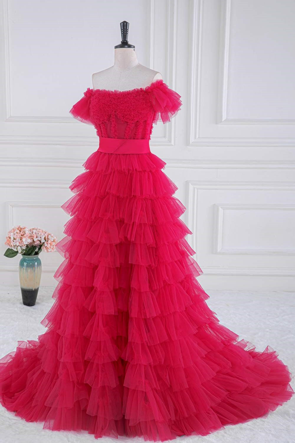 dress with layers of ruffles Fuchsia Off-Shoulder Layers Ruffled A-line Long Prom Dress – Dreamdressy