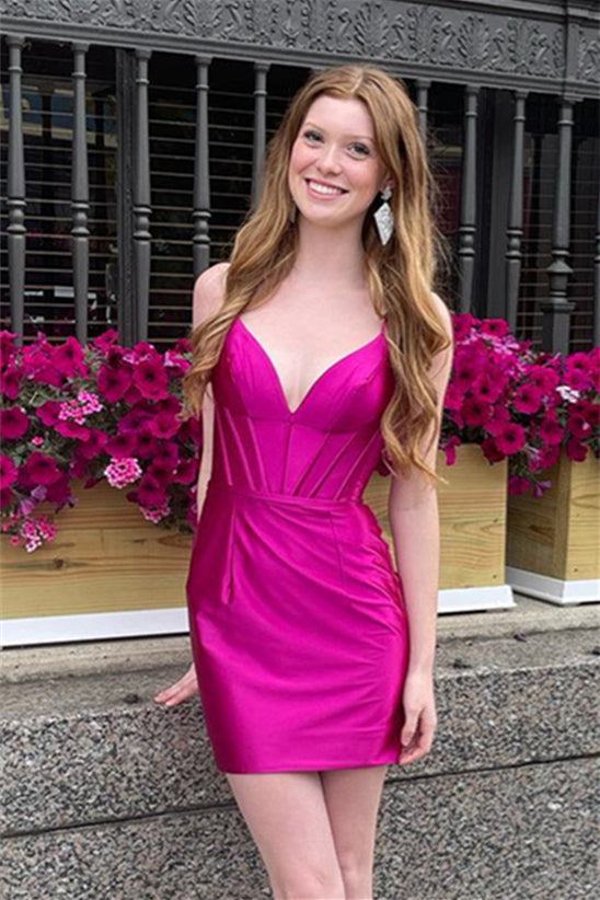 Fuchsia Plunging V Neck Satin Sheath Homecoming Dress