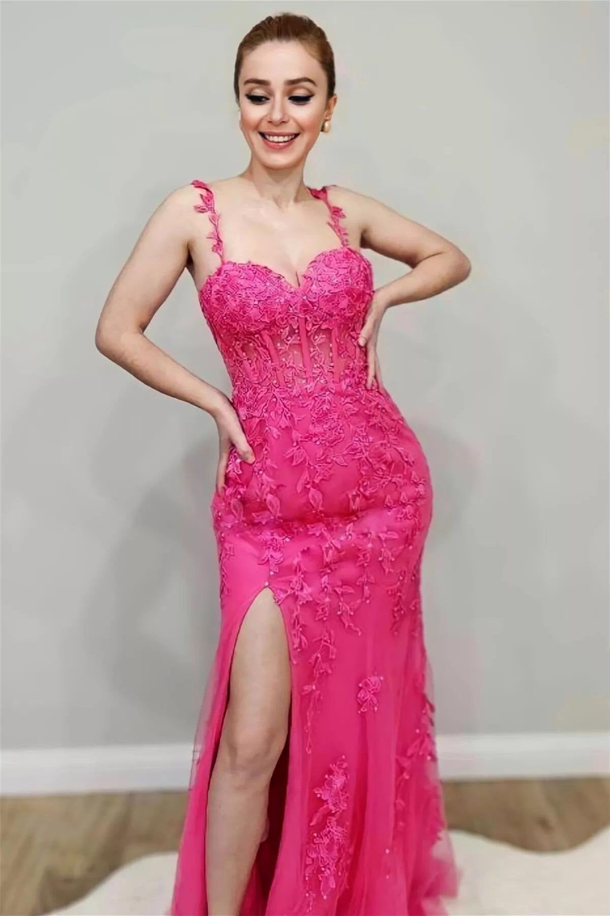 Hot Pink Floral Straps Mermaid Long Prom Dress with Slit – Dreamdressy