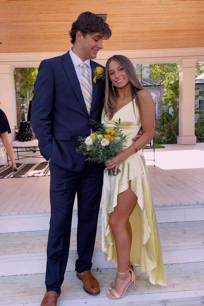 Straps Yellow V Neck Soft Satin Fitted Dress