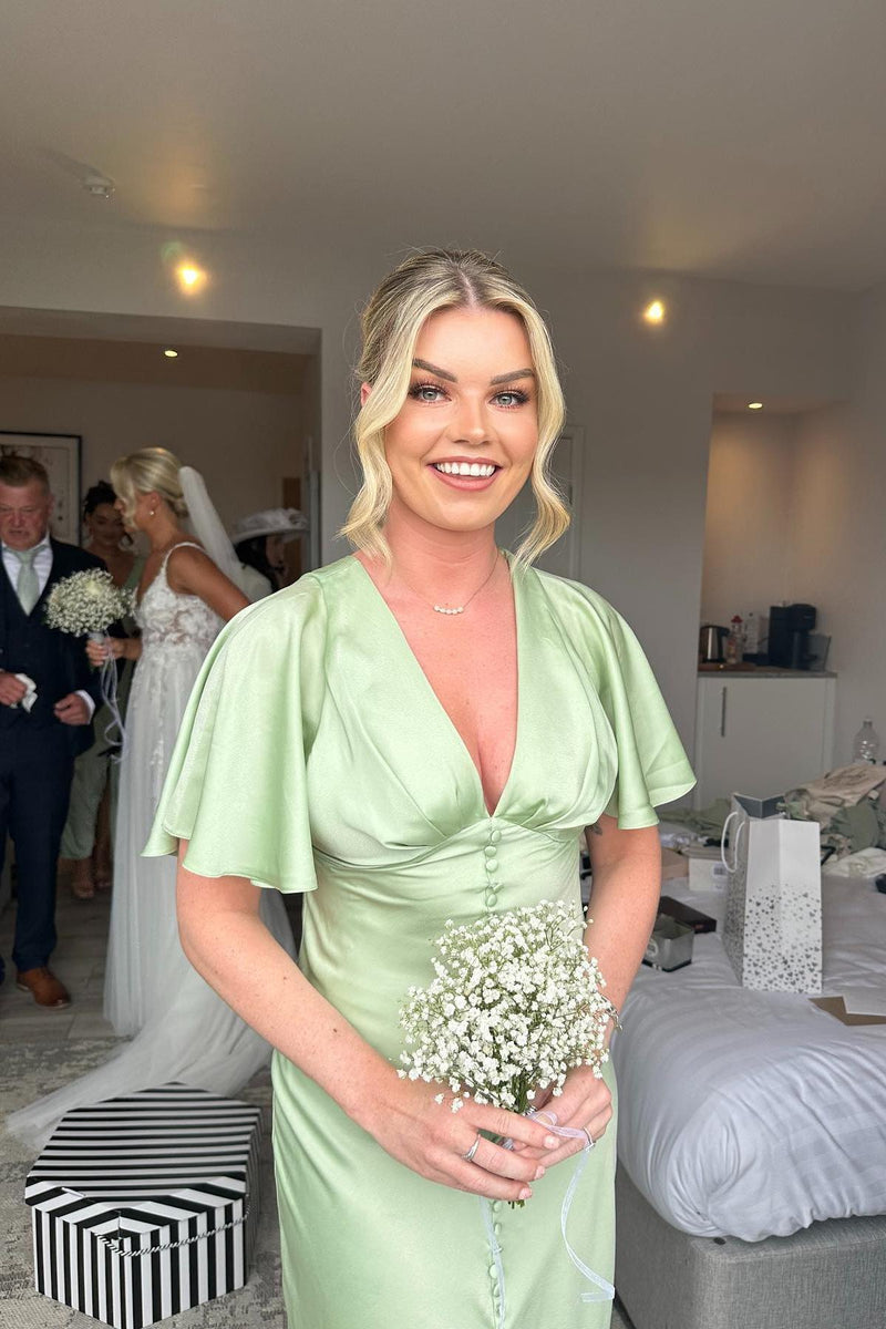 Flare Sleeves Sage Green Bridesmaid Dress with Buttons Dreamdressy Flare Sleeves Sage Green Bridesmaid Dress with Buttons Dreamdressy