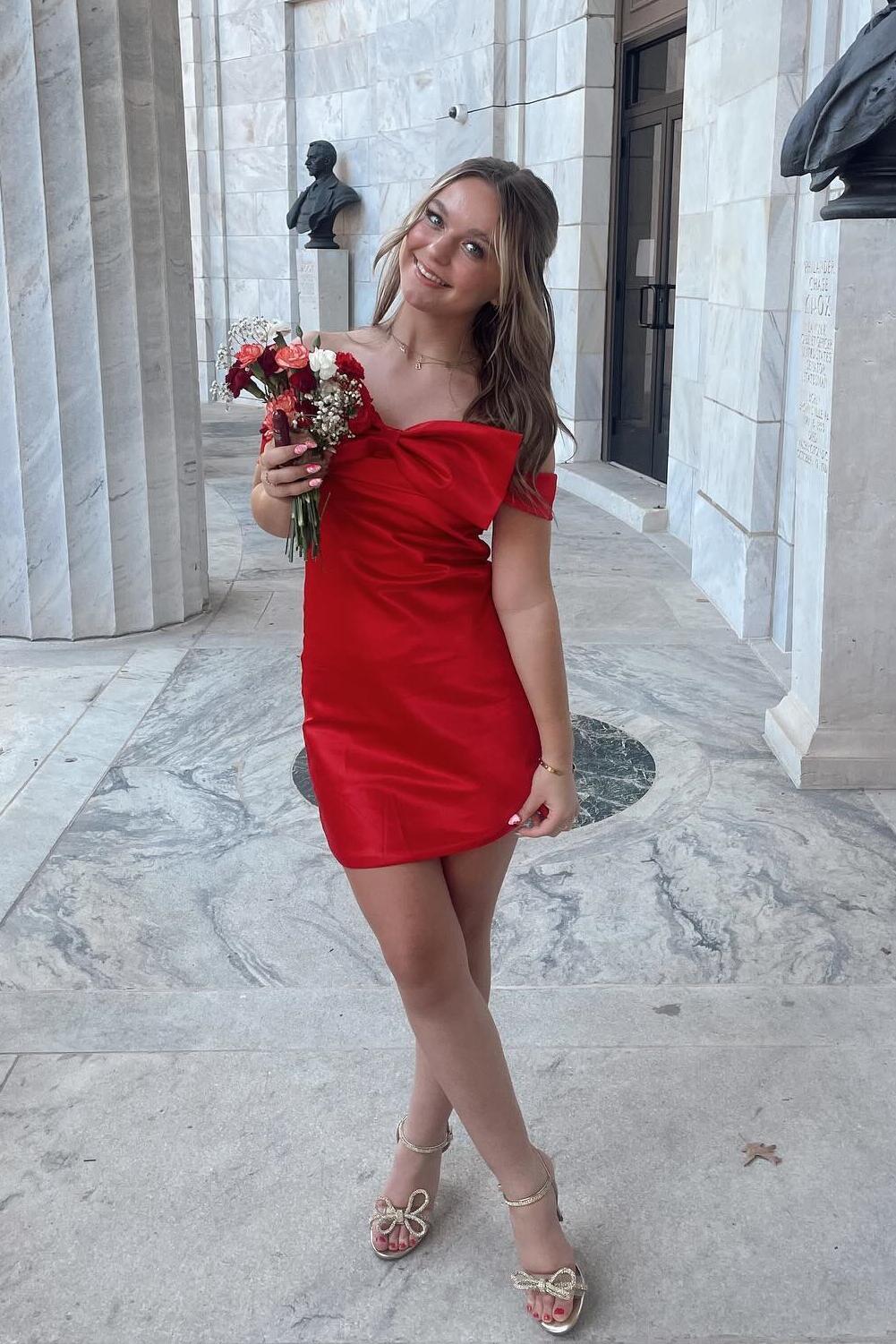 red off the shoulder dress with bow Off the Shoulder Red Short Dress with Bow – Dreamdressy