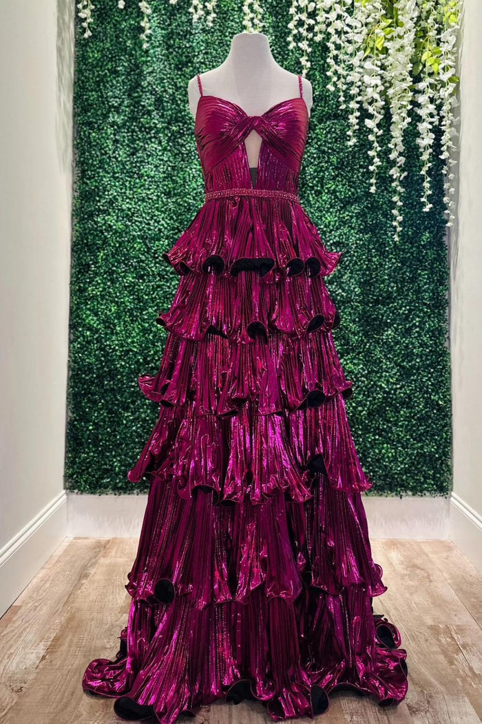 dark fuchsia prom dress Dark Fuchsia Mermaid pink sparkly prom dress with Lace and Feather Crystals